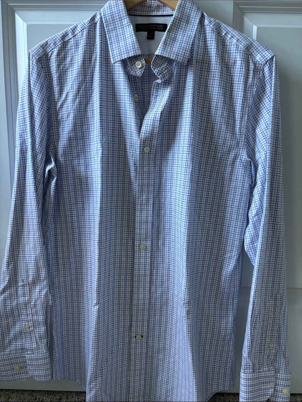 Banana Republic Light Blue & White Plaid Stretch Dress Shirt - Men's